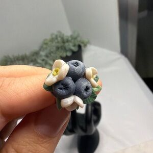 Handcrafted Blueberry and Flower Adjustable Ring silver plated
